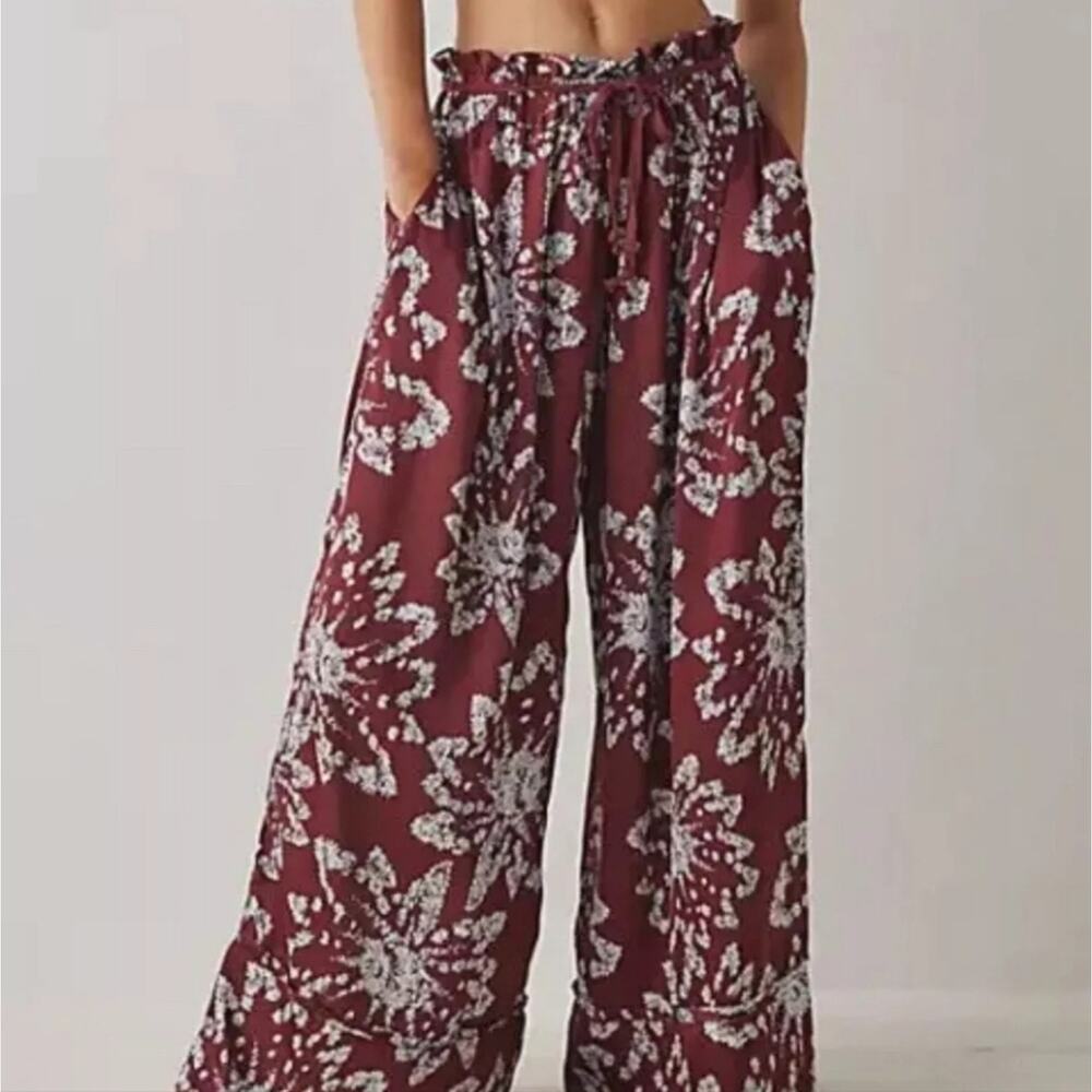 Free People Wide Leg Floral Pants in Burgundy and White